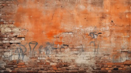Rough, textured brick wall with old mortar and graffiti