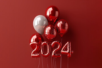A group of balloons on a wall with numbers 2024 in red and white colors