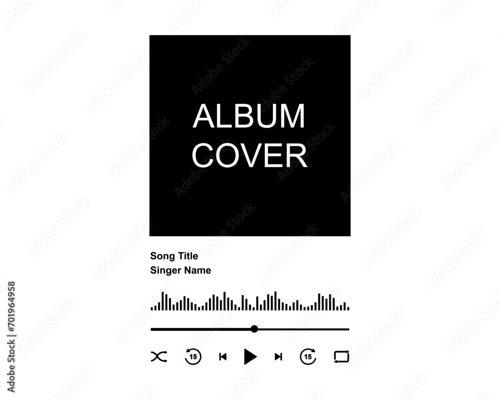 Wall mural design of music player interface with album cover frame, buttons, loading bar and sound wave. playba