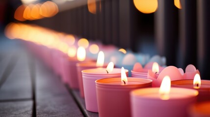 A row of small tealight candles, each one representing a day leading up to the most romantic day of the year. - obrazy, fototapety, plakaty
