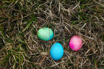 Colored Hard boiled Eggs hidden by the Easter bunny for the children to find on Easter morning.
