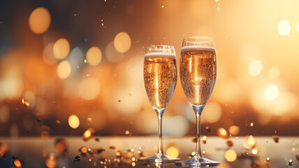 Celebration party, happy birthday, wedding, New Year Merry Christmas, decorations beautiful joyful colourful cake champagne glasses banner copy space backgroung greeting card poster.