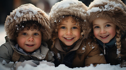 Little children playing outside with snow, happy picture - obrazy, fototapety, plakaty