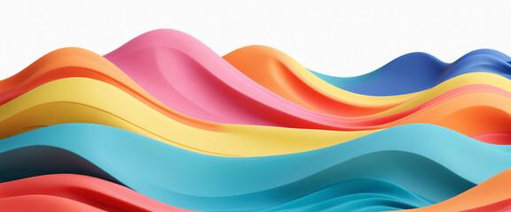 Abstract colored background with curved multicolored waves and surfaces. Horizontal wallpaper. Colorful sand dunes or sea waves. Generative AI