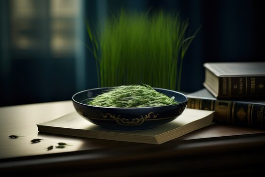 Celebrating renewal with sprouted wheat grass: happy nowruz, a festive homage to nature's rebirth, cultural traditions, and the joyous spirit of persian new year, embracing health and vitality.