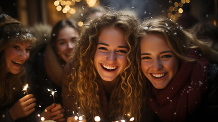 Obraz na płótnie Canvas Happy new year! Girlfriends celebrate with lit sparklers in their hands