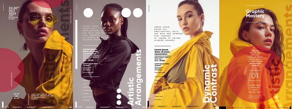 Series of fashion posters with bold color contrasts and dynamic graphic arrangements.