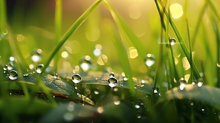 Smooth and reflective dewdrops on grass in the morning