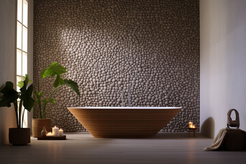 A 3D polished pebble wall pattern in a spa-like bathroom with a soaking tub and bamboo accents.