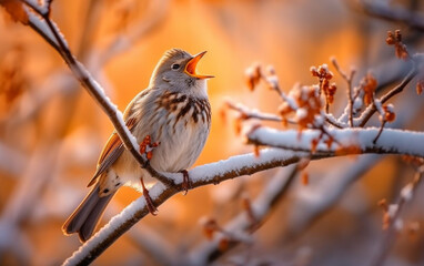 A bird is singing on a tree branch in winter