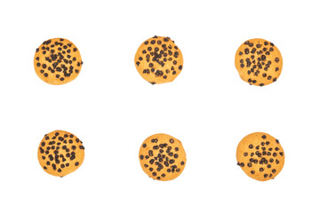 Chocolate chip cookies isolated on a white background, top view.