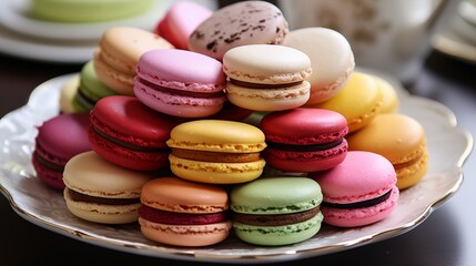A plate of assorted colorful macarons