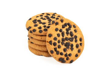 A stack of chocolate chip cookies isolated on a white background