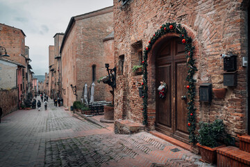 Streets of the medieval Tuscan town of Certaldo. Winter in Tuscany, Italy
