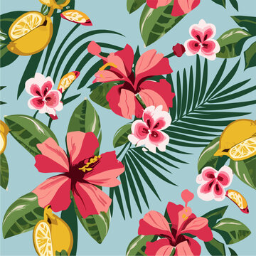 Vector bright summer pattern with tropical flowers 
of hibiscus, lemon, 
palm leaves on blue background. Floral 
fashion ornament for women clothing, fabric, 
textile, paper, notepad, card, packaging.