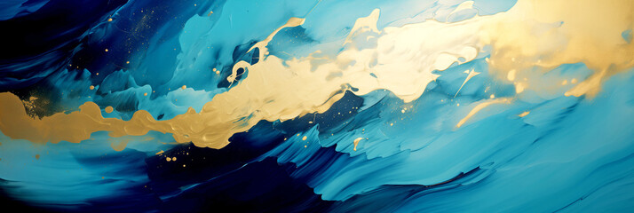 Painting with blue and gold flowers, abstract complex flowing paint, liquid acrylic, soft brush strokes, liquid gold on a blue background