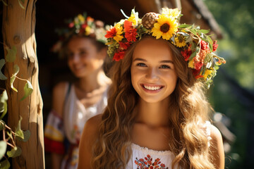 Ukrainian culture, a set of spiritual and material values created by people throughout its history, holidays and customs, heritage, embroidery, mountains, happiness beautiful dress.