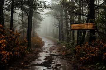 Road in forest in fog, wooden sign - Powered by Adobe