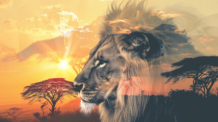 Double exposure effect of a lion in the african savanna at sunset