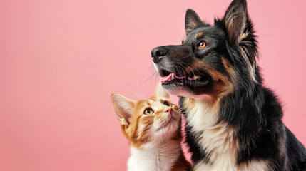 cat and dog looking up - obrazy, fototapety, plakaty