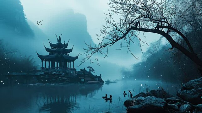 a temple on the banks of a misty river. seamless looping time-lapse virtual video Animation Background.