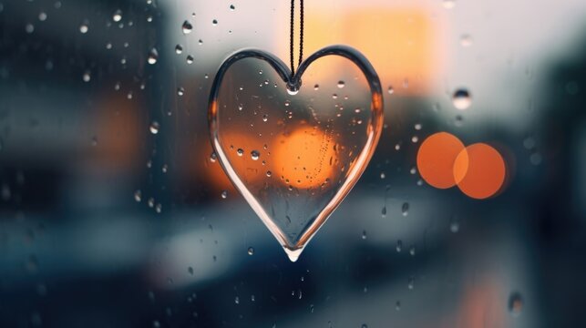 The distorted reflection of a heart in a raindrop clinging to a window, distorting its shape as it falls. - Powered by Adobe
