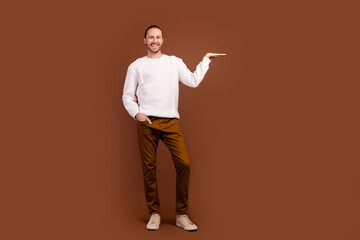 Fototapeta na wymiar Full length photo of charming cute man wear white sweater showing arm empty space isolated brown color background