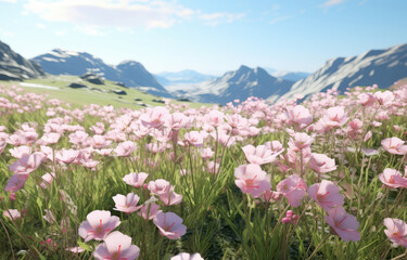 Pink Flowers in a Serene Field with Majestic Mountains