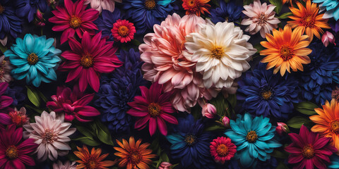 Fototapeta na wymiar Colorful background of many bright flowers of different types. Nature illustration. Generative AI