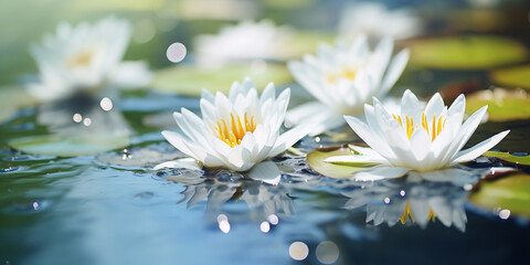 Lotus flower beautiful white water lily flowers bloom lake river fantastic nature flower .Graceful white water lily symbolizing natural beauty elegance and harmony .

