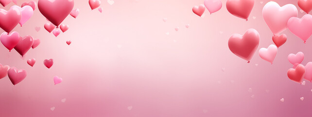 Valentine's day abstract banner. Pink heart shaped balloons, on a pink studio background with copy space. Valentine's card. Valentine's Day concept template for text.