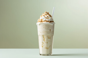 A glass of milkshake with whipped cream and a straw