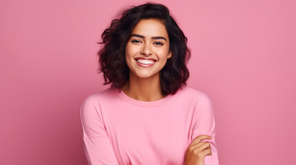 Young charming female student in a pink sweater smiling cheerfully at the camera on a pink studio background with copy space. Concept for Valentine's Day, femininity and facial care, cosmetics.