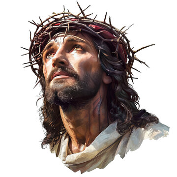 retrato de Jesucristo portando la corona de espinas y mirando hacia el cielo, sobre fondo transparente png, concepto semana santa