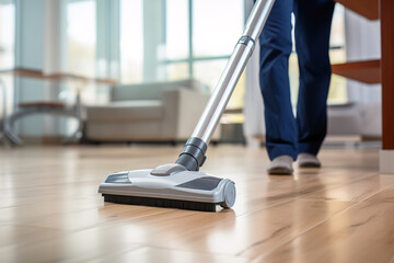 Cleaning staff vacuuming an office floor. Close up shot of unrecognizable person
