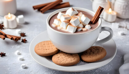 Cup of hot cocoa or chocolate with marshmallow, cinnamon and cookies on white table. Traditional winter drink.