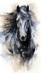 Black Horse Portrait. Illustration in watercolor style. Concept of freedom and beauty of wild animal. Perfect for equestrian enthusiasts, art collectors, web design, print on items. Vertical format