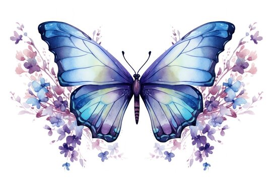 Illustration of Butterfly and blooming flowers isolated on white background. In pastel purple blue colors. Ideal for use in greeting card designs, wall art, spring-themed advertisements.
