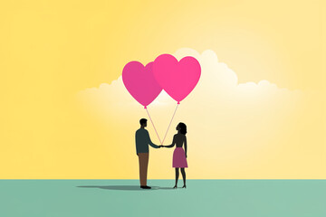 Romantic silhouette of couple holding heart shape balloons. Valentine's Day conceptual banner with copy space