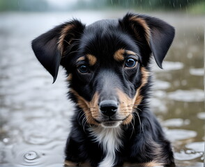 Stray dog puppy outdoors in rain