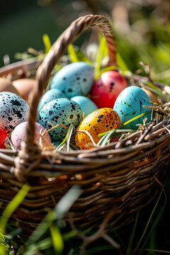 Springtime Easter banner featuring a basket of colorful eggs.