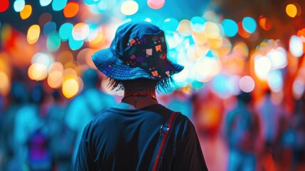 Festivalready Stand out at your next music festival with an electric blue bucket hat, oversized black tshirt, and blue shorts outfit that is both comfortable and stylish. - obrazy, fototapety, plakaty