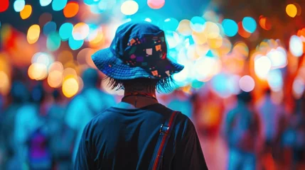 Foto auf Alu-Dibond Festivalready Stand out at your next music festival with an electric blue bucket hat, oversized black tshirt, and blue shorts outfit that is both comfortable and stylish. © Justlight