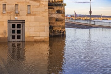flooded promenade in Dresden, flood of the Elbe in December 2023