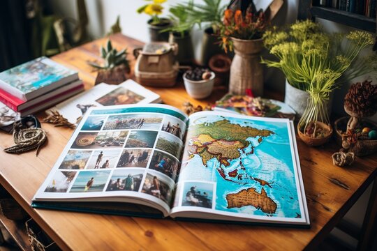 Surrounded by vibrant destination photos and cultural guides, an organized travel planner meticulously designs an adventure tour for clients seeking thrills.