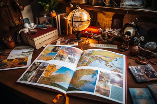 Surrounded by vibrant destination photos and cultural guides, an organized travel planner meticulously designs an adventure tour for clients seeking thrills.