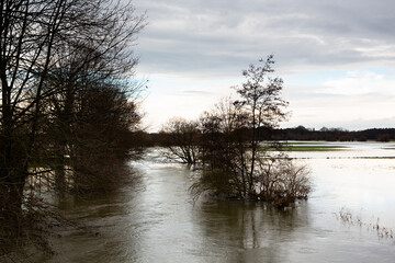 Die Lippe ist über die Ufer getreten. Das Hochwasser hat  einen Acker überflutet. Die Wolken spiegeln sich im Wasser.