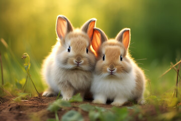 Fototapeta premium This image captures two adorable bunnies enjoying the warmth of the sun in a lush green meadow.