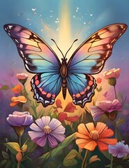 beautiful butterfly in a flower field. Generative Ai.