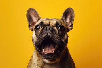 Fototapeta premium Upset dog, puppy screaming and crying with opened mouth. fluffy home pet is angry and swears on a yellow, orange background.